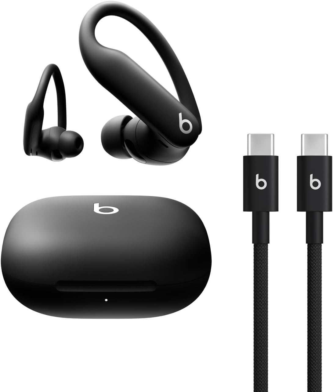 Black wireless earbuds with charging case and cable on a white background