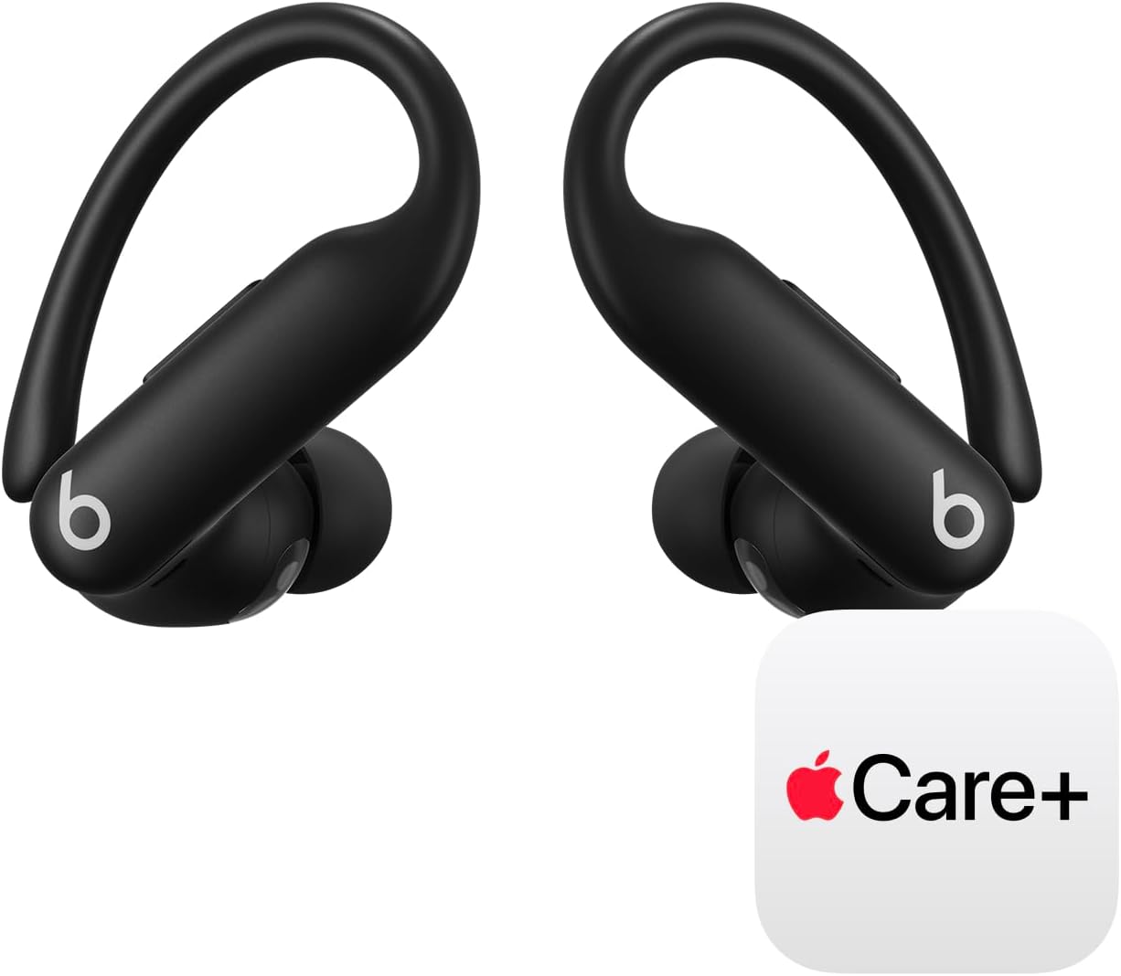 Black wireless earbuds with Apple Care+ logo on a white background