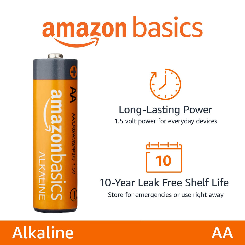 Amazon Basics AA alkaline battery with features on a white background