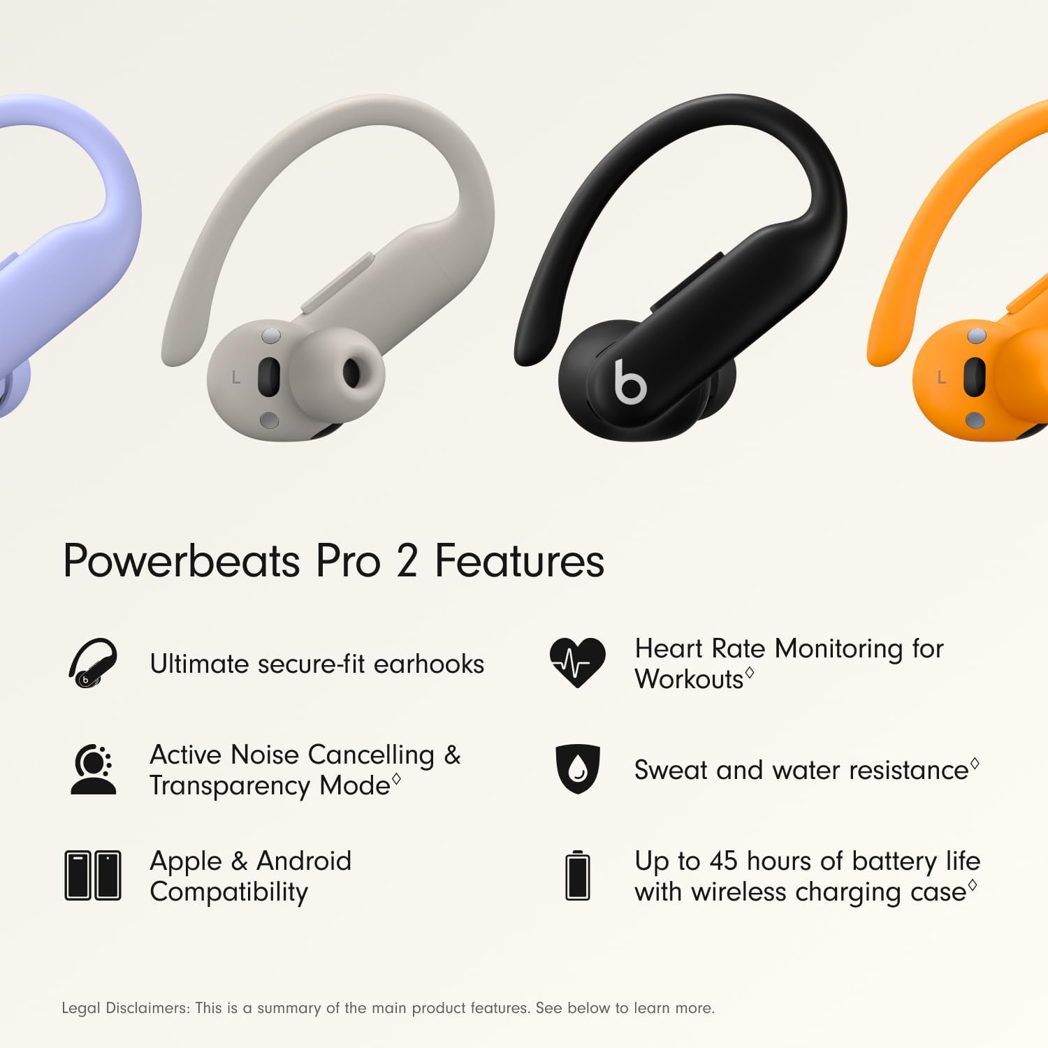 Powerbeats Pro 2 earbuds in various colors with features listed on a white background.