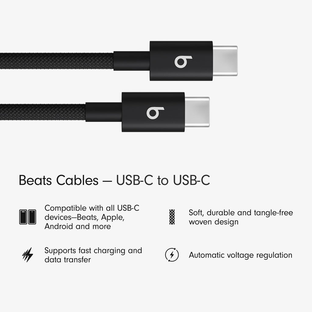 Beats USB-C to USB-C cable on a white background with product features listed.