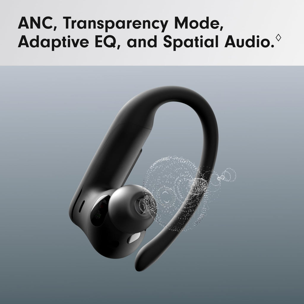 Black wireless earbud with sound waves on a gray background, featuring text about audio features.