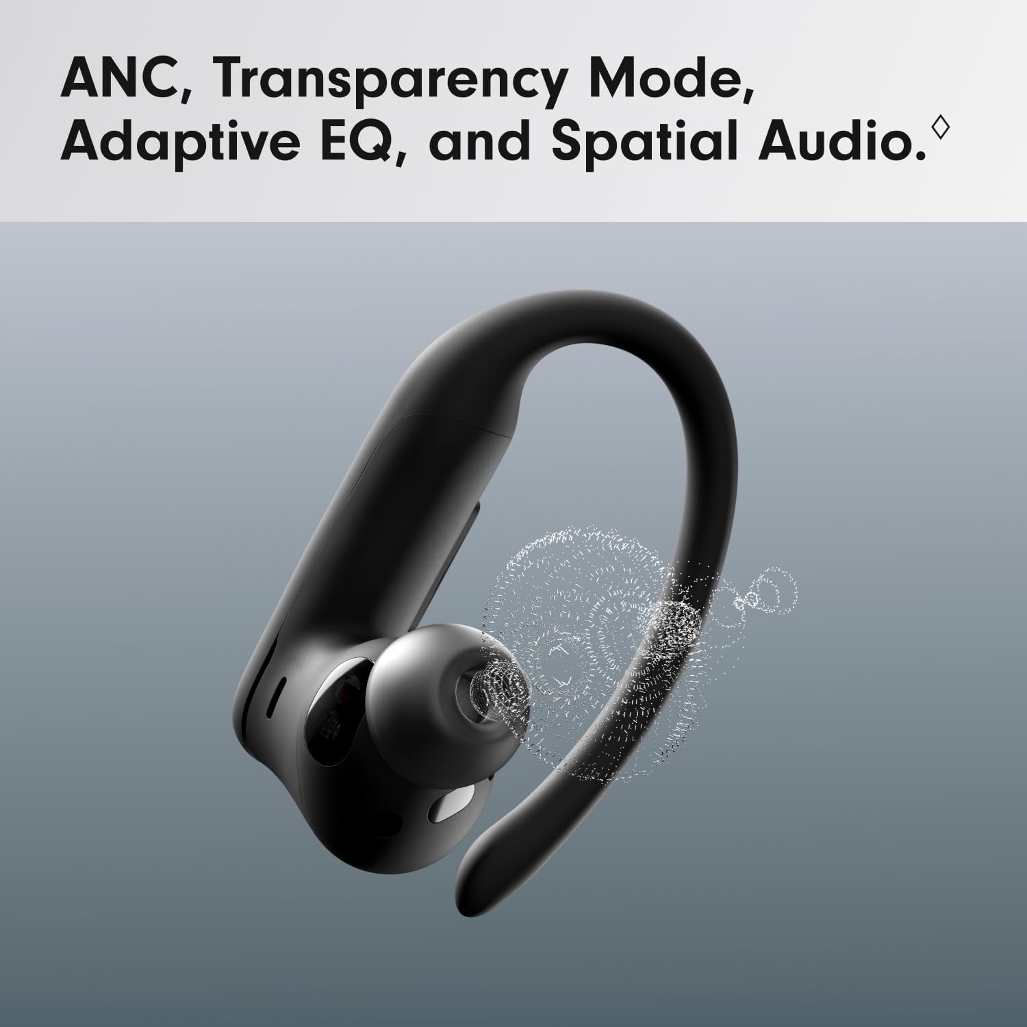 Black wireless earbud with sound waves on a gray background, featuring text about audio features.