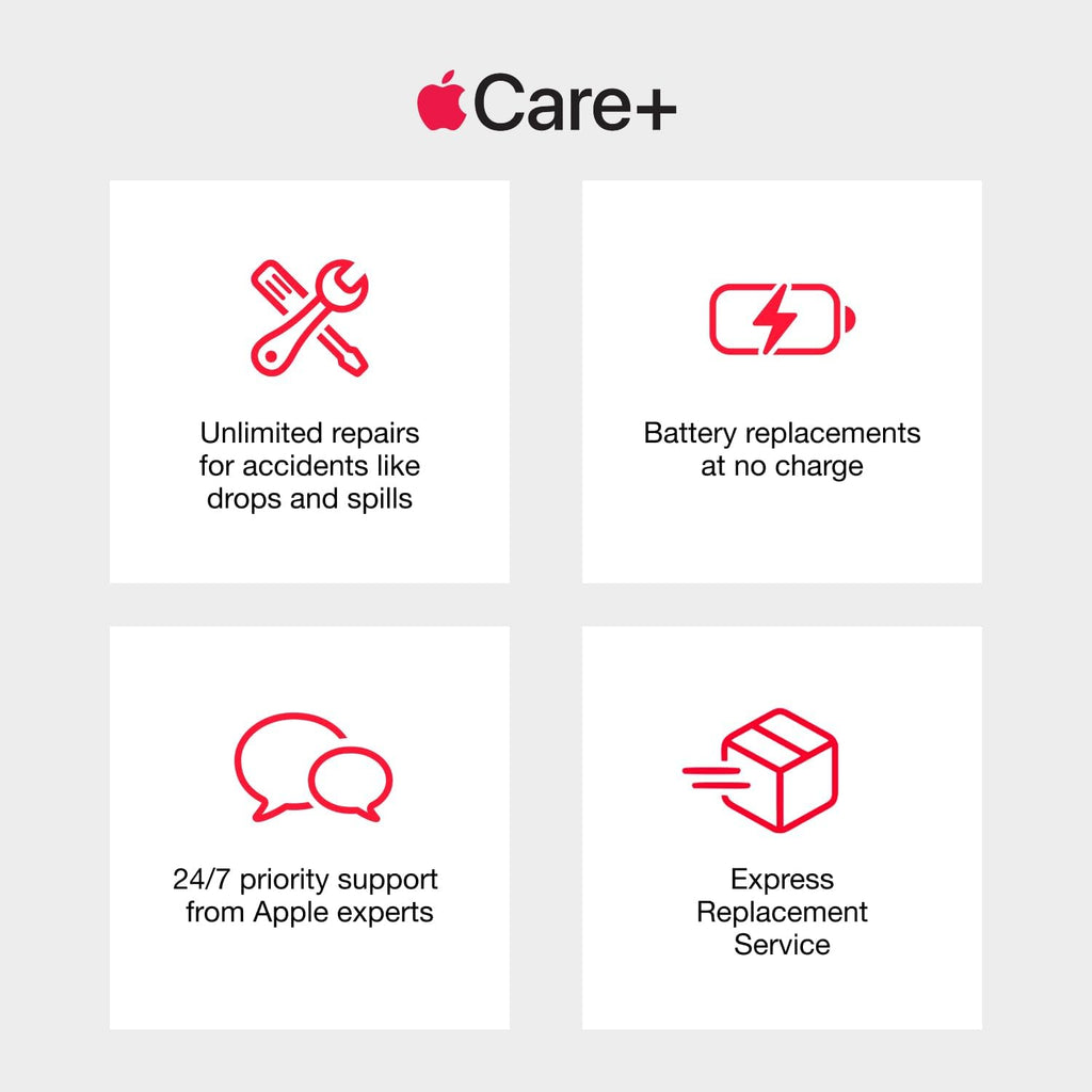 Apple Care+ service plan with icons and descriptions on a gray background