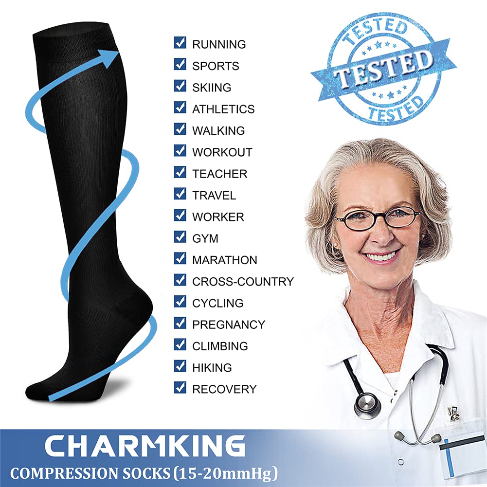 Compression sock with a doctor and list of uses on a white background