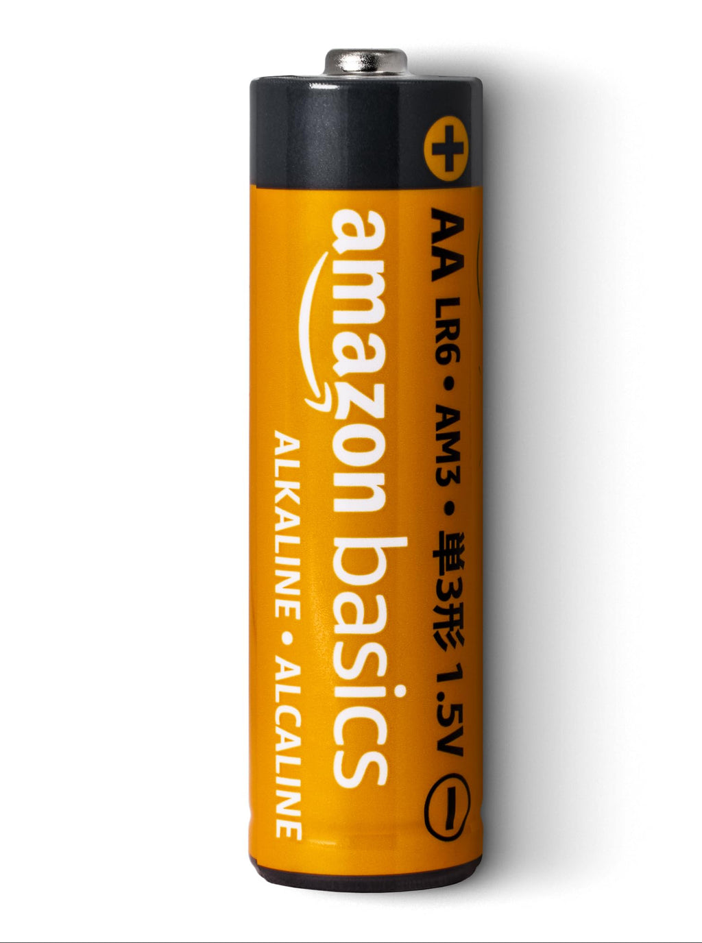 AA battery with 'Amazon Basics' branding on a white background