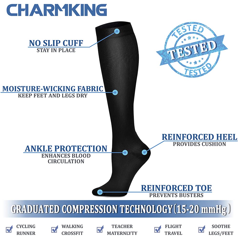 Black compression sock with features labeled on a white background, including 'Charmking' branding.