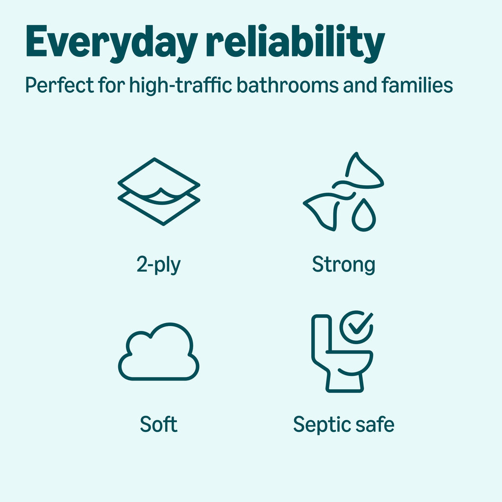 A light blue informational graphic with dark teal text reading 'Everyday reliability' and 'Perfect for high-traffic bathrooms and families,' plus four line icons labeled 2-ply, Strong, Soft, and Septic safe.