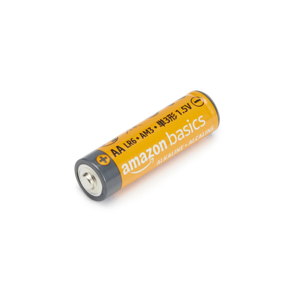 AA battery with 'Amazon Basics' branding on a white background