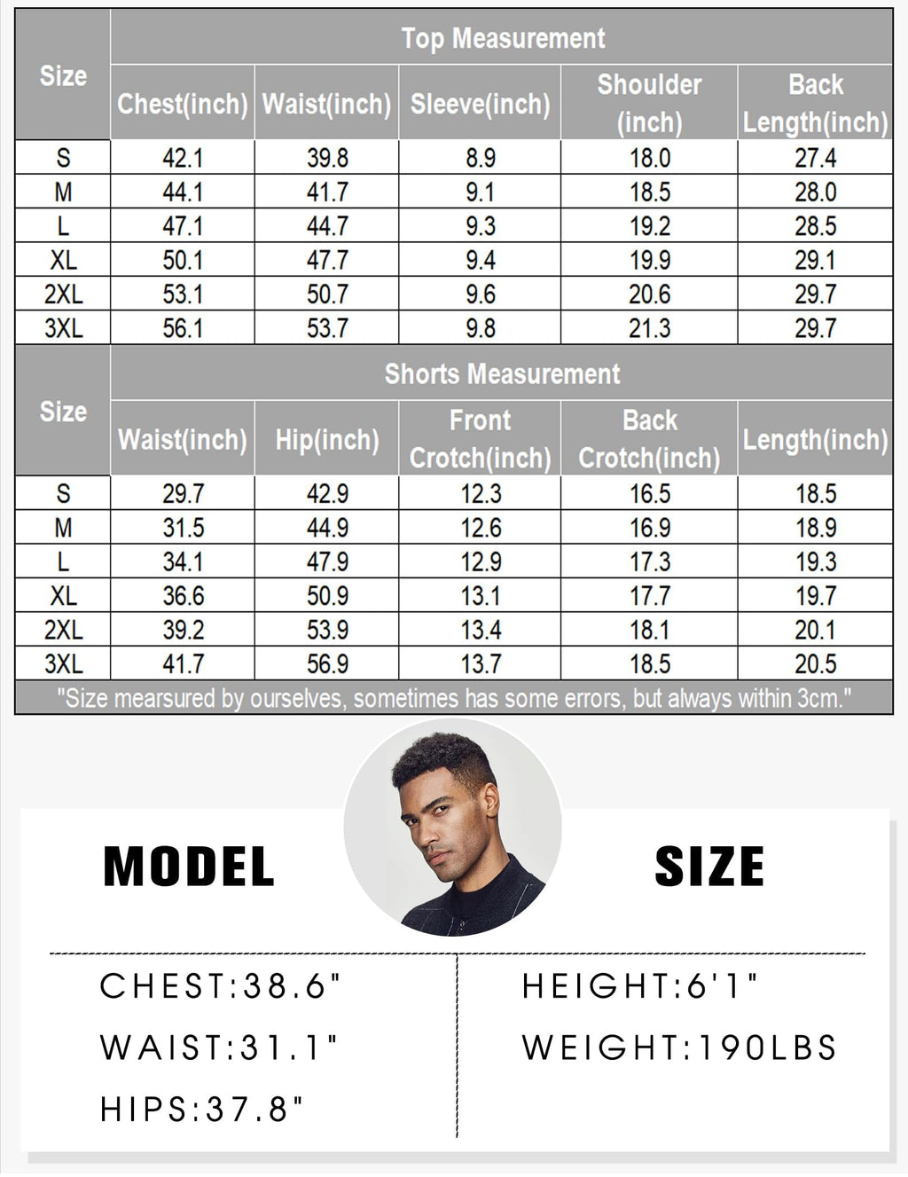 Size chart for shirts and shorts with measurements and a model's size information.