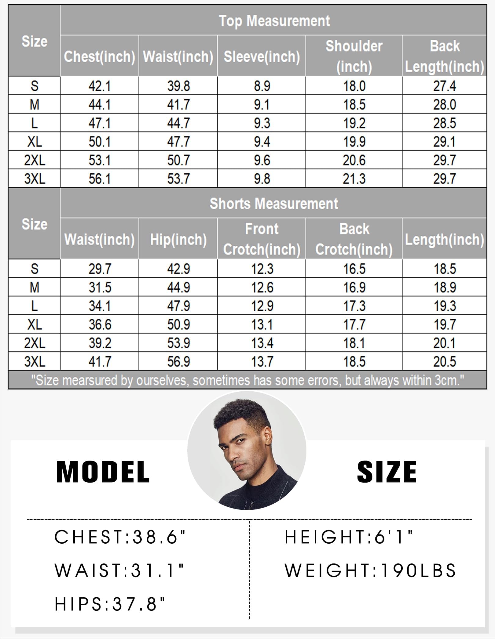 Size chart for shirts and shorts with measurements and a model's size information.