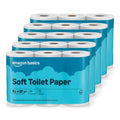Multiple rolls of Amazon Basics soft toilet paper on a white background