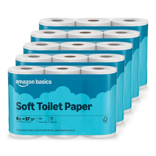 Multiple rolls of Amazon Basics soft toilet paper on a white background