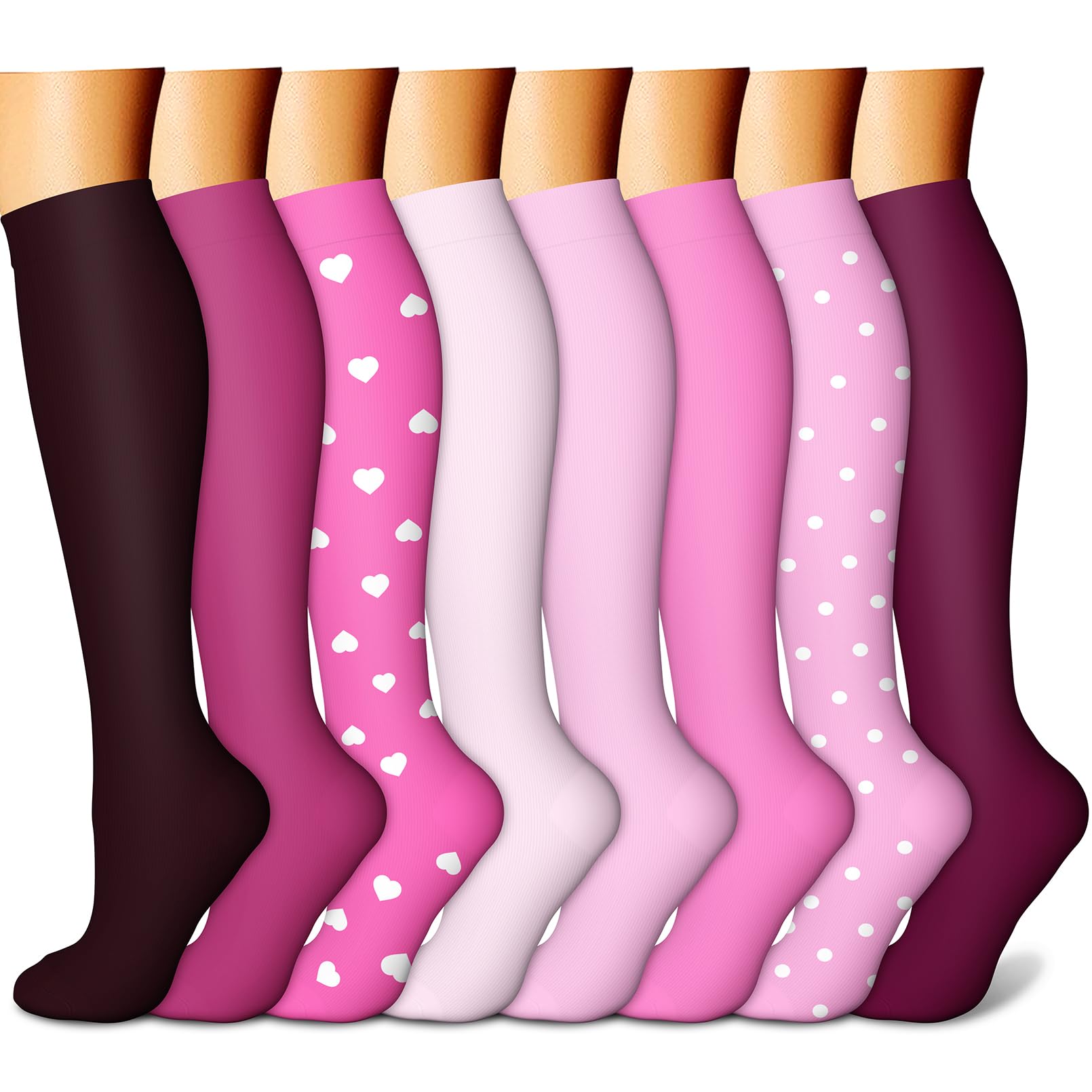 Set of knee-high socks in various colors with polka dot patterns on a white background
