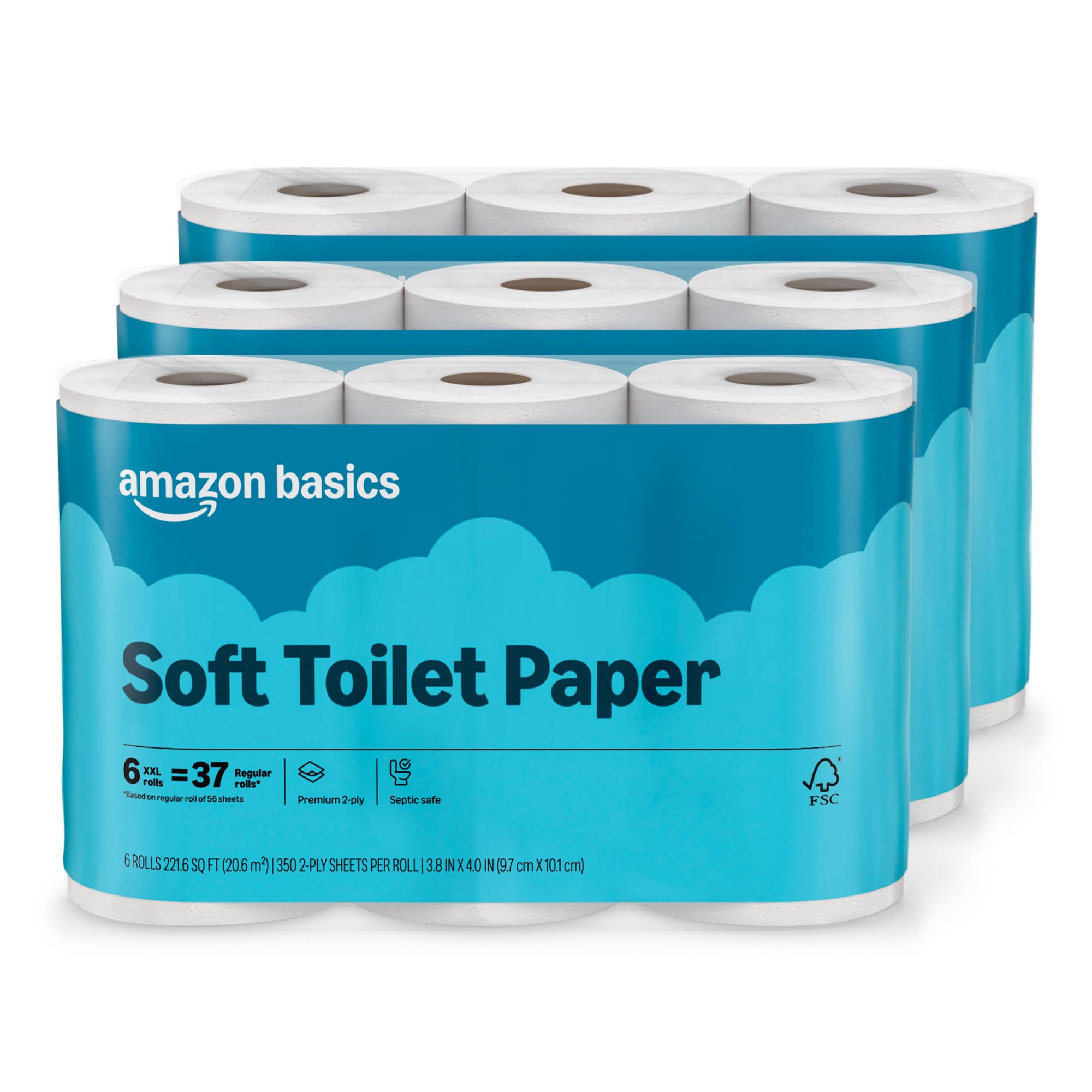 Amazon Basics Soft Toilet Paper with blue and white packaging