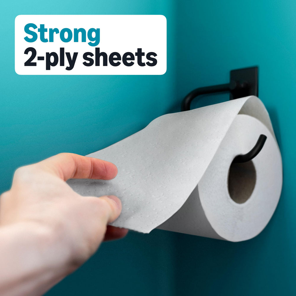 Hand pulling a roll of toilet paper from a holder with 'Strong 2-ply sheets' text on a teal background.