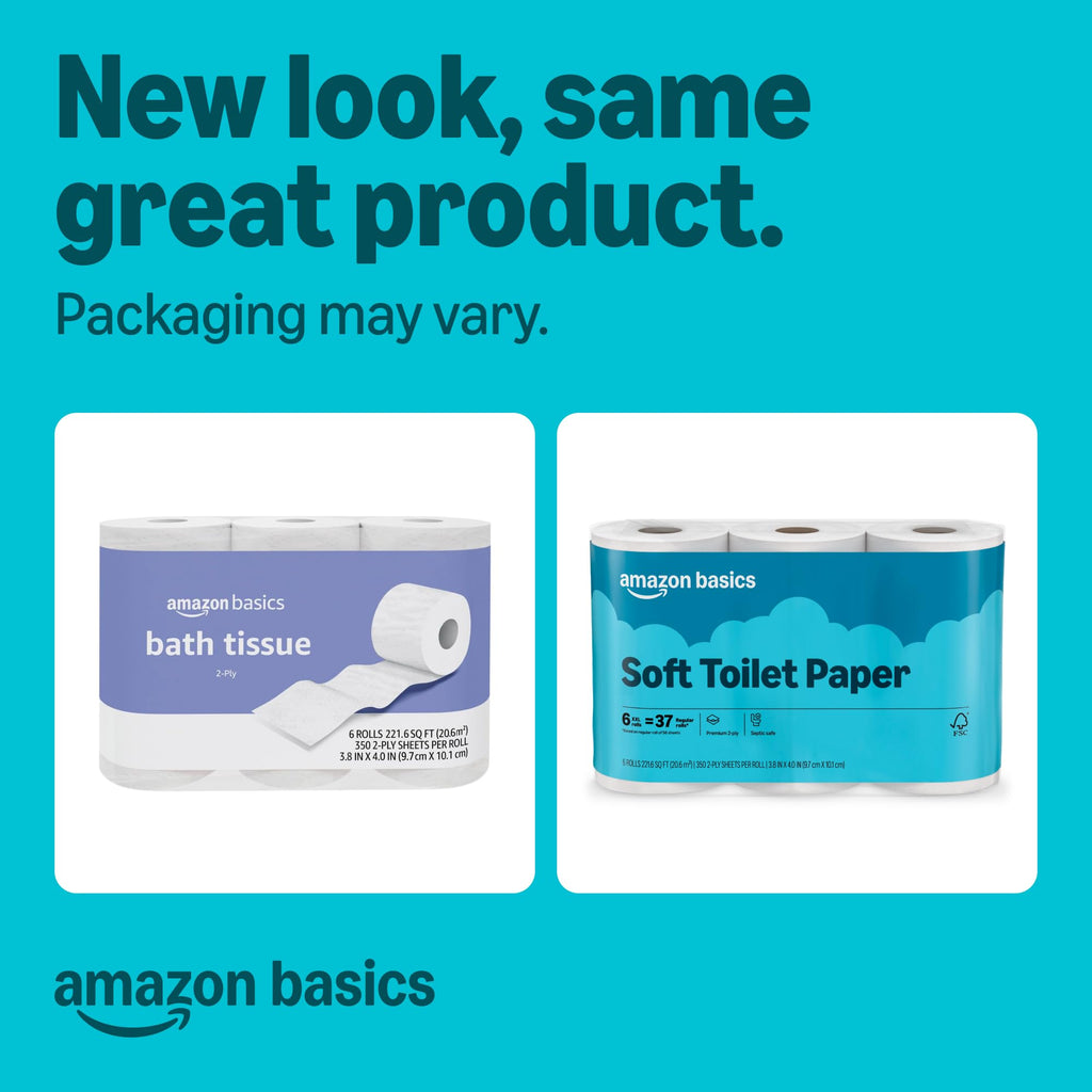 Amazon Basics toilet paper packaging with text 'New look, same great product.' on a blue background.