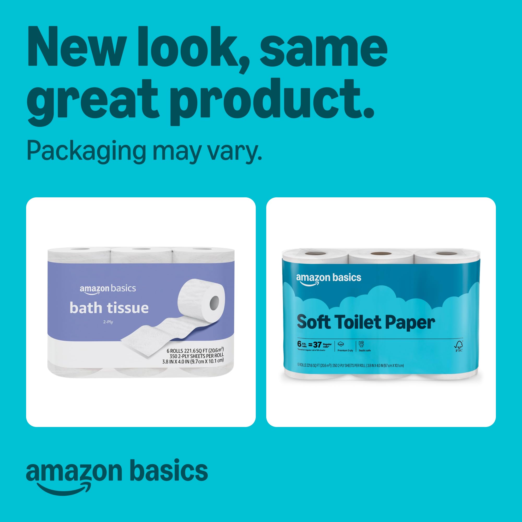 Amazon Basics toilet paper packaging with text 'New look, same great product.' on a blue background.