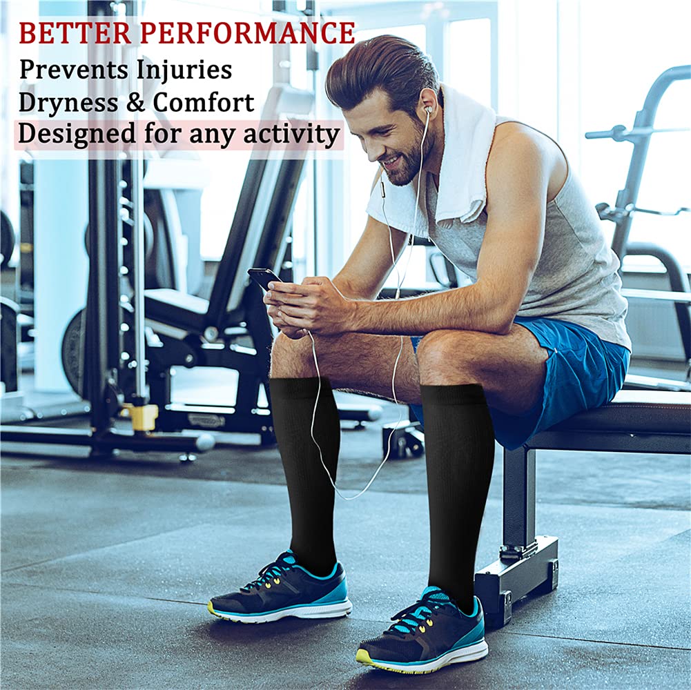 Man sitting on a gym bench wearing black compression socks with text about product benefits.