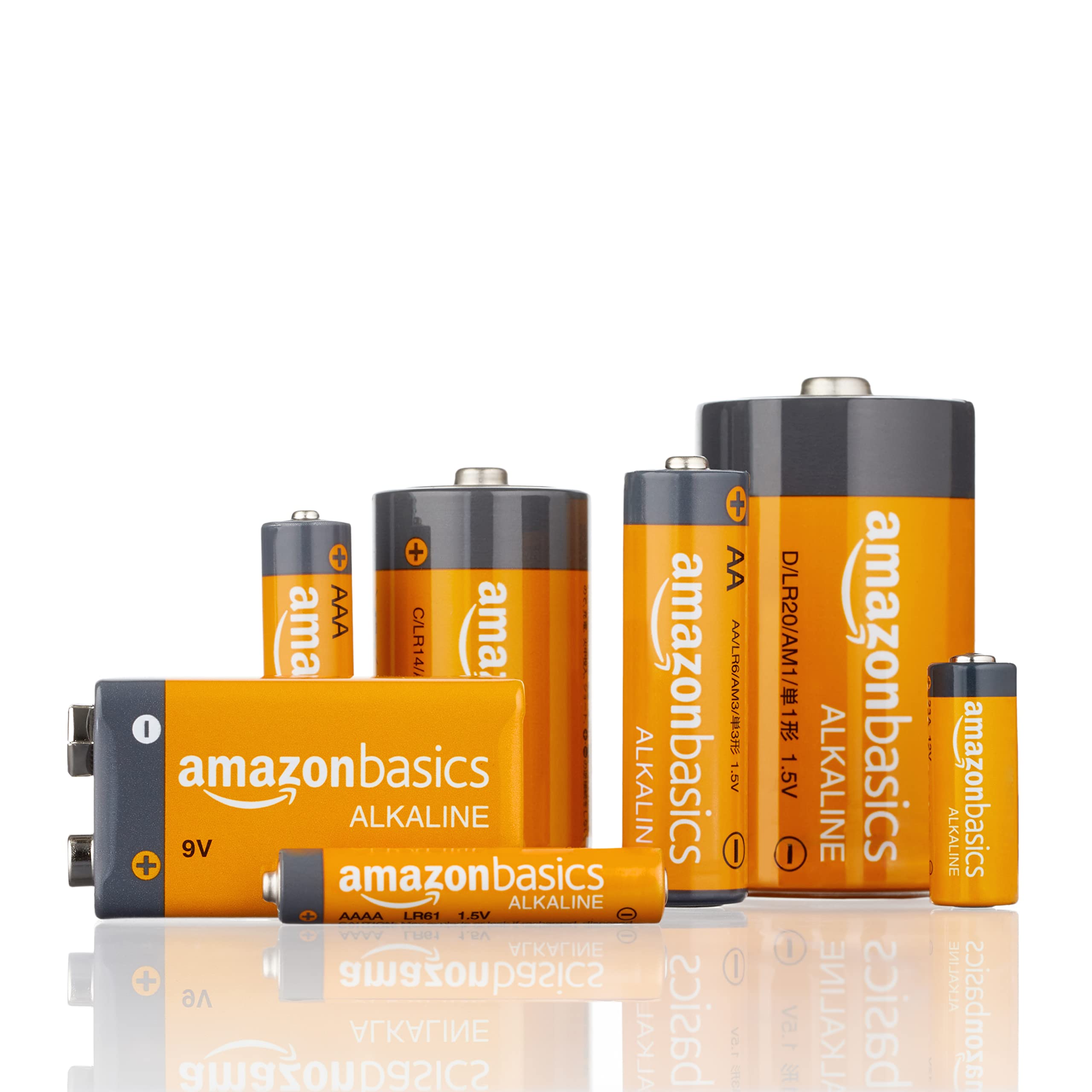 Collection of Amazon Basics batteries on a white background