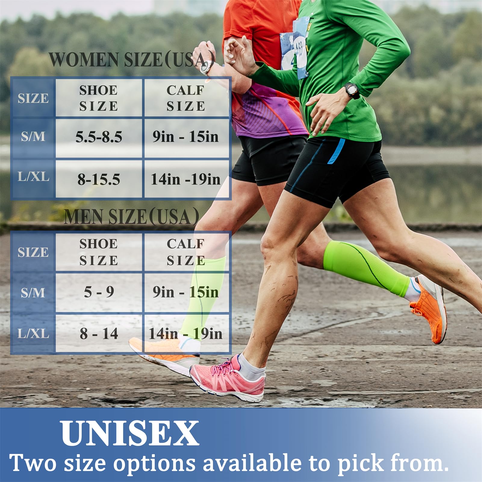 Two runners on a road with size charts for shoes and calves overlaid.