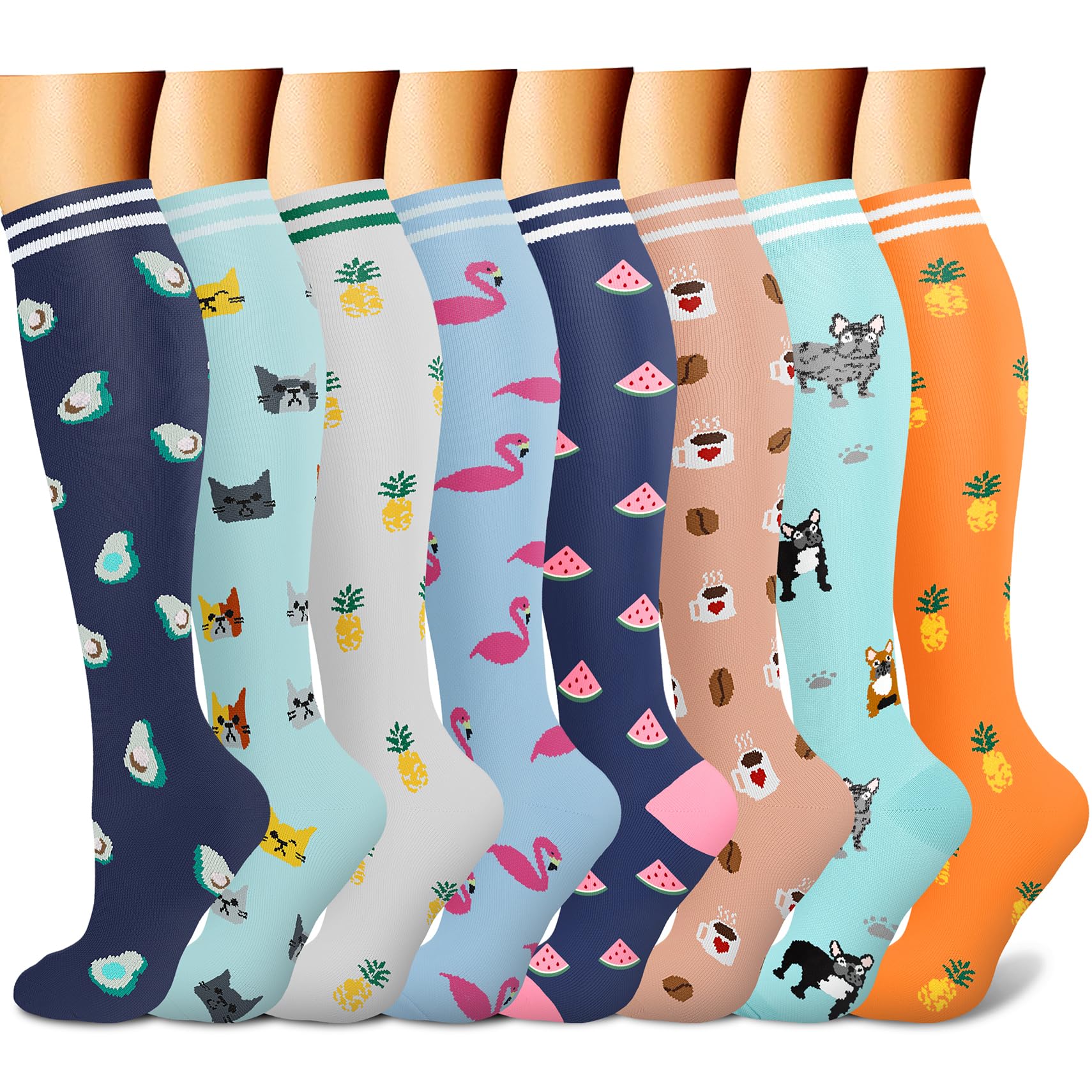 Set of colorful knee-high socks with various patterns on a white background