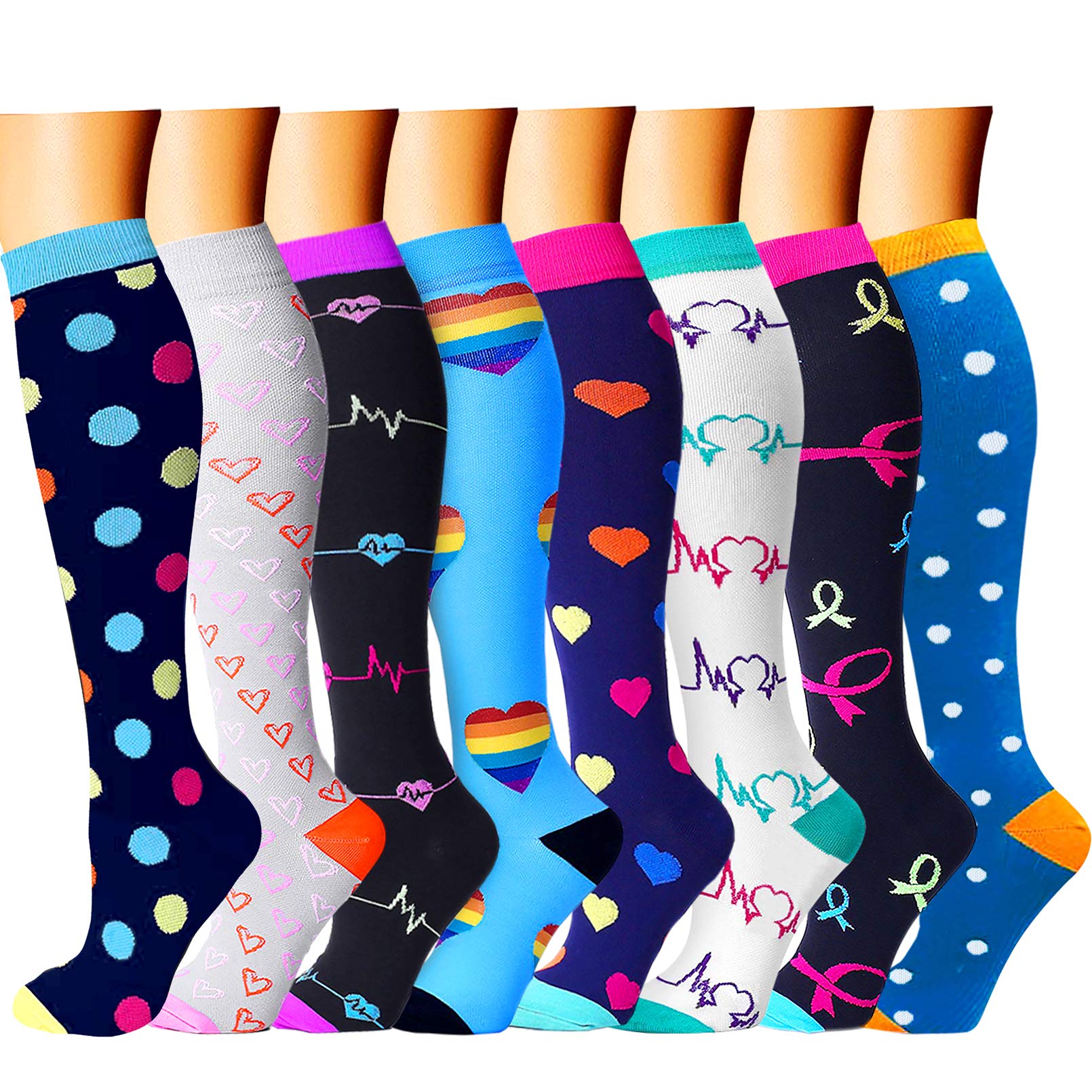 Set of colorful knee-high socks with various patterns on a white background