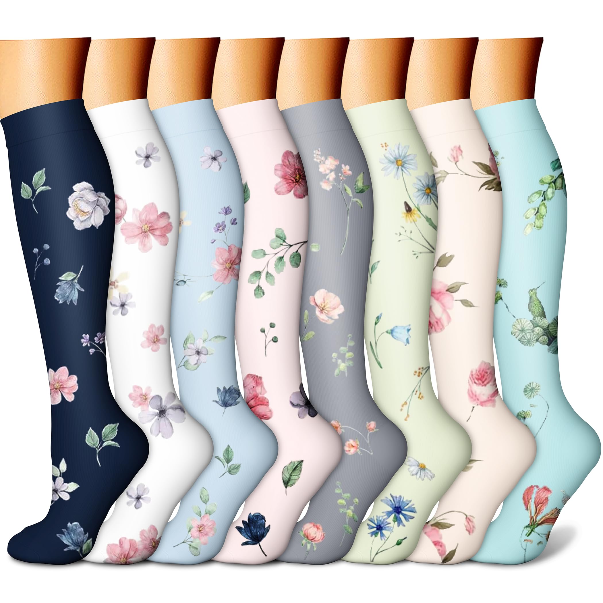 Set of floral knee-high socks in various colors on a white background