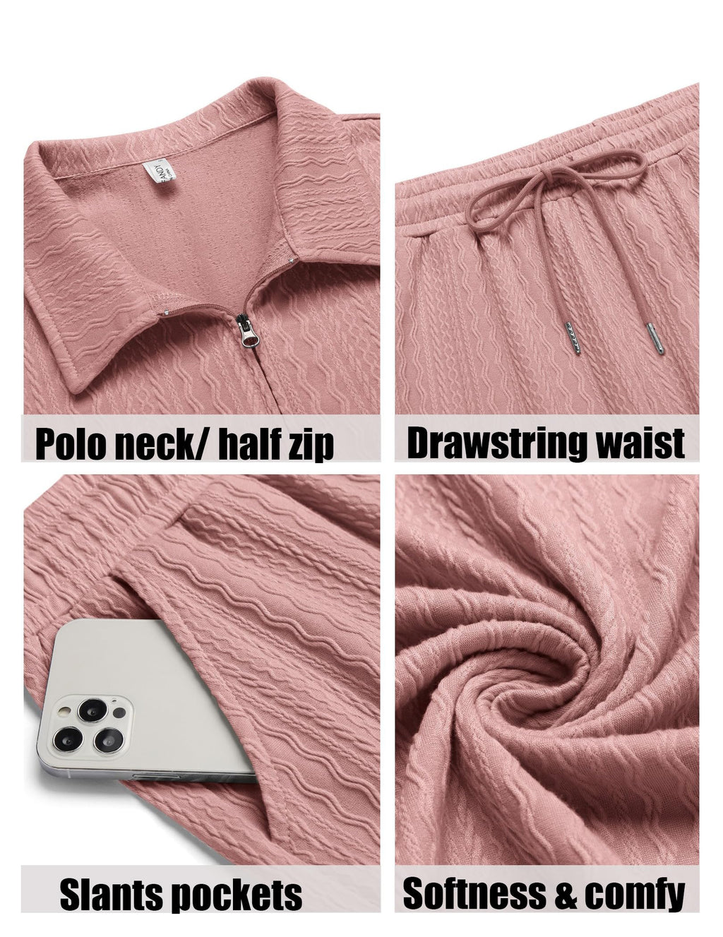 Collage of pink clothing features including polo neck, half zip, drawstring waist, slant pockets, and softness.