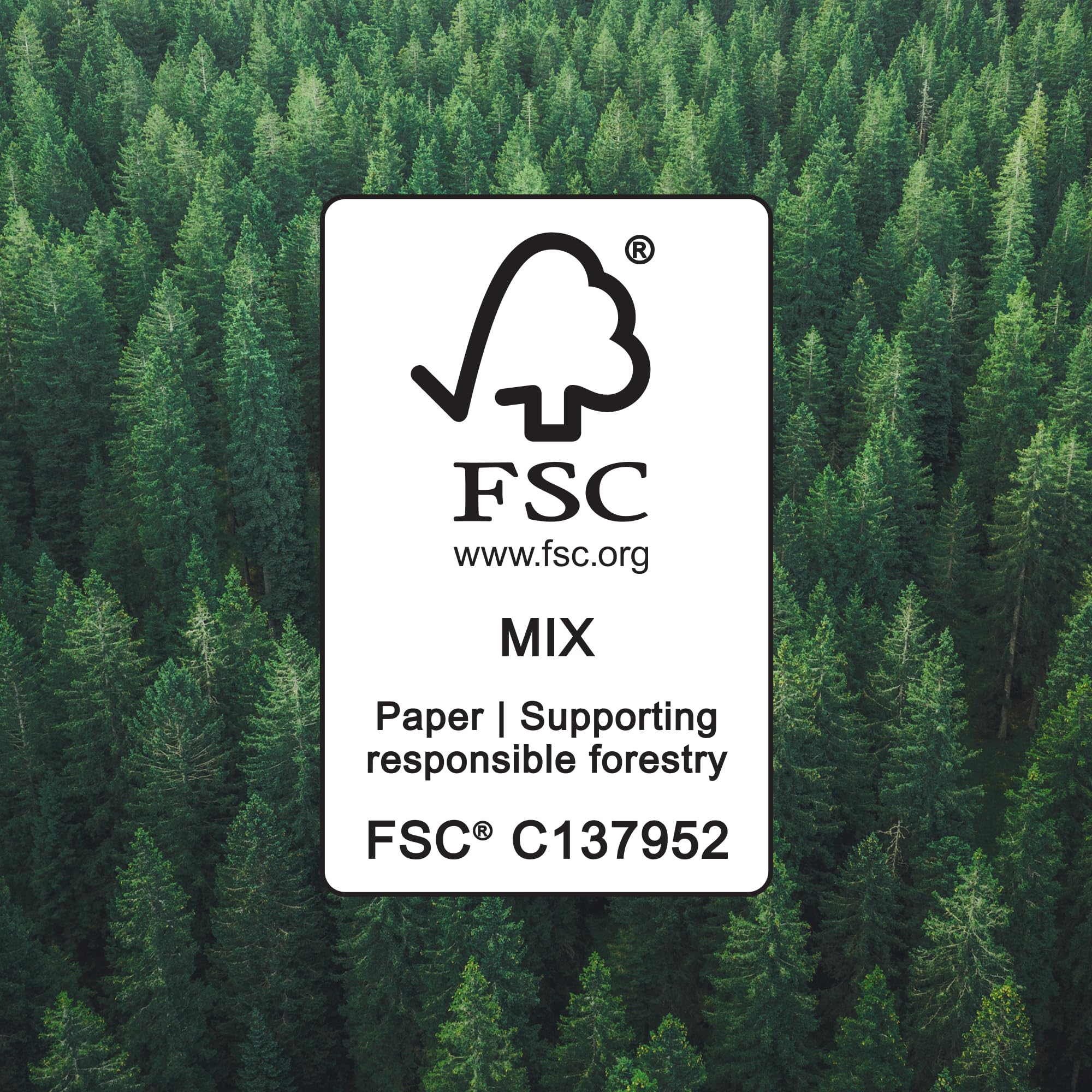 FSC certification label on a background of a forest