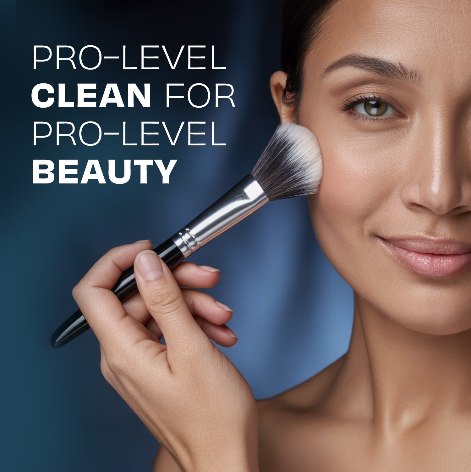 Woman applying makeup with a brush, text 'Pro-Level Clean for Pro-Level Beauty' on a dark background