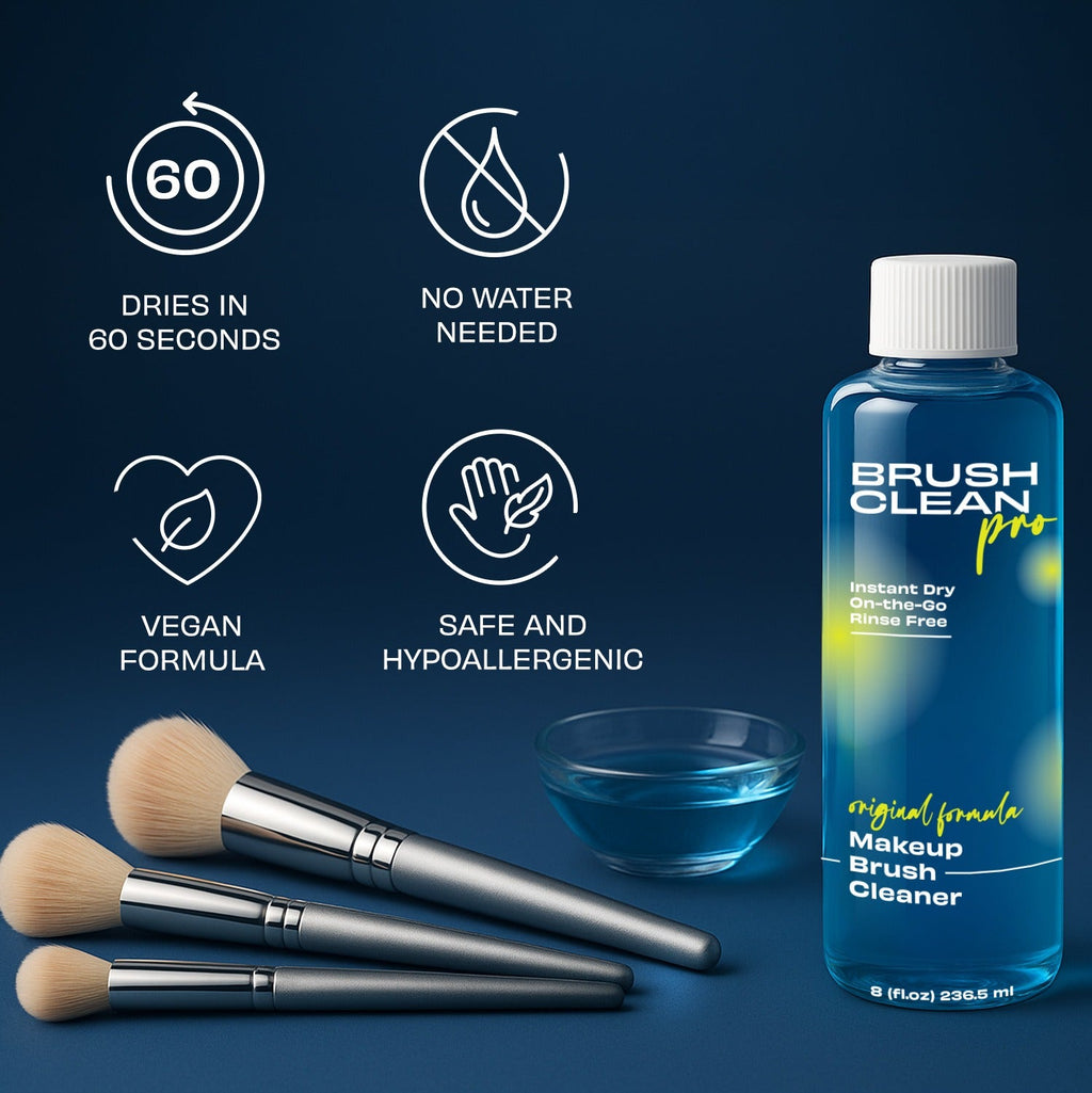 Makeup brush cleaner with brushes and cleaning solution on a blue background with white text listing benefits