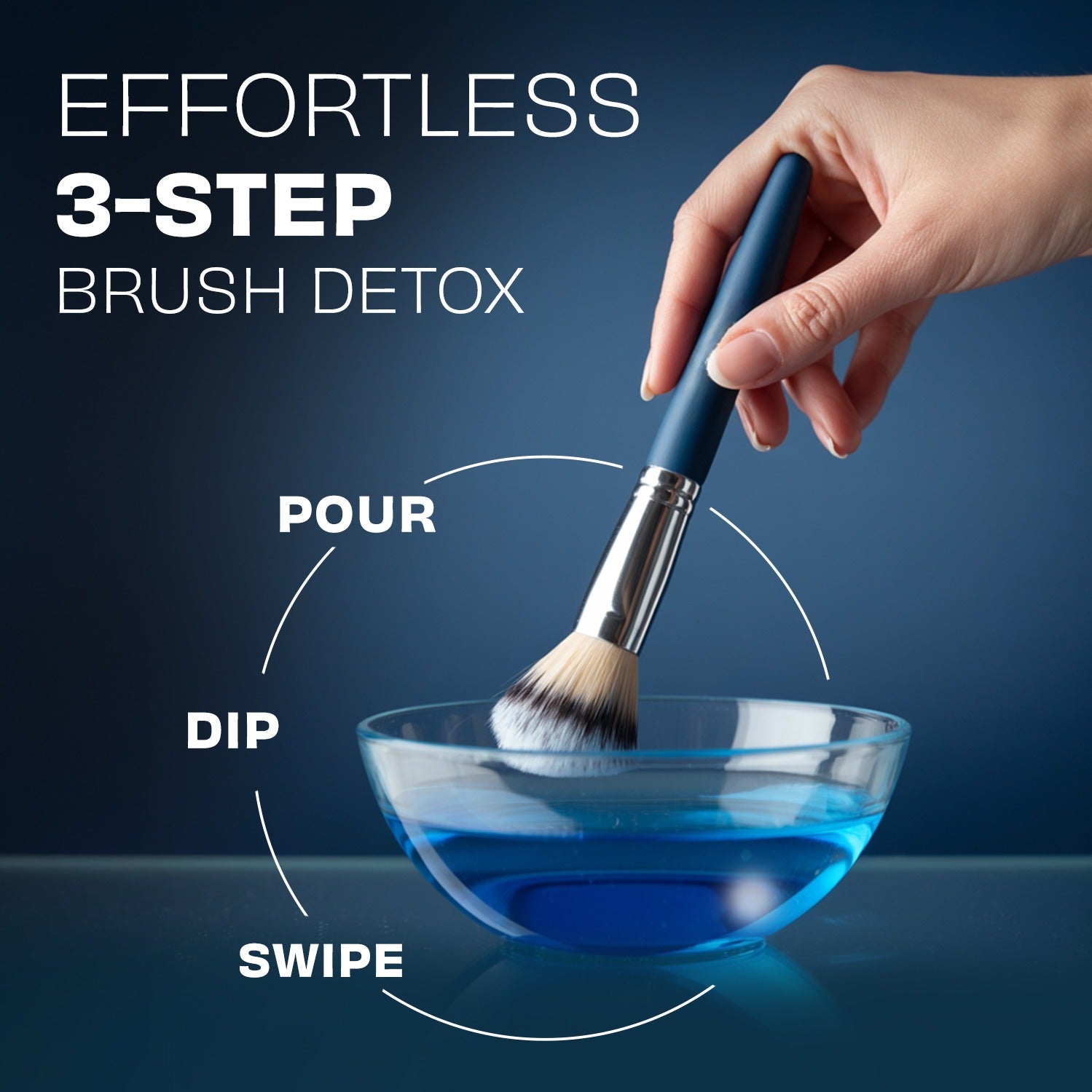 Hand holding a makeup brush over a bowl of blue liquid with text on an dark background