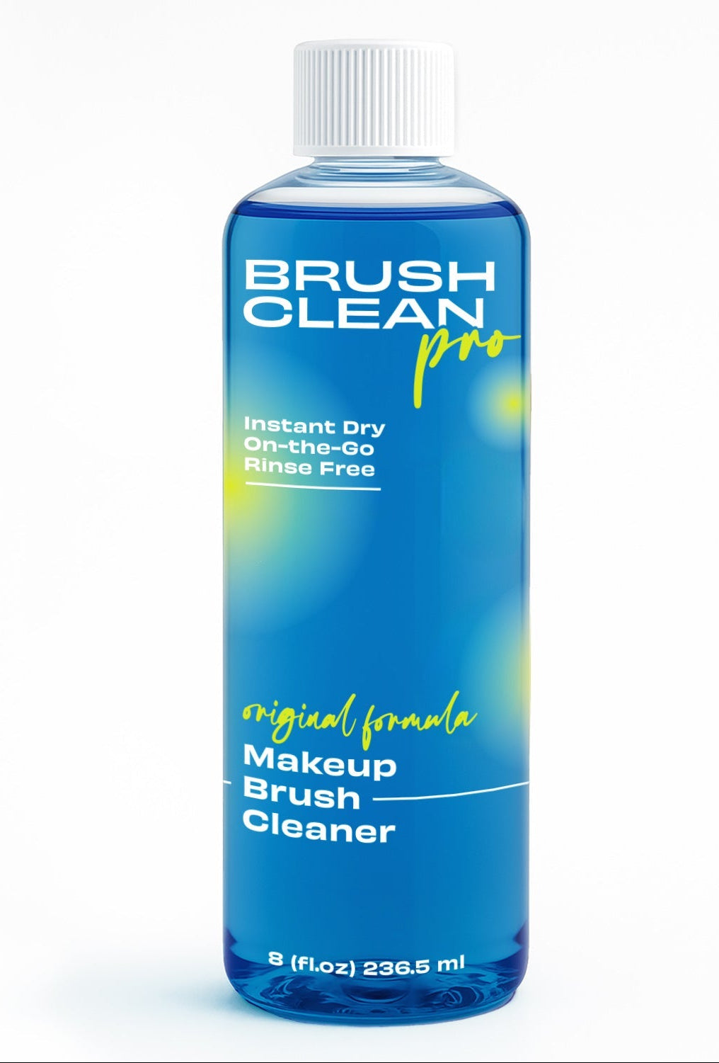 Blue bottle of Brush Clean makeup brush cleaner on a white background