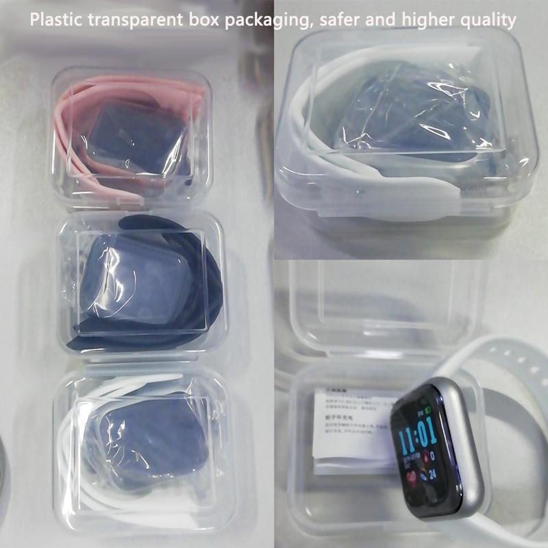 Smartwatch packaging with clear plastic cases on a white background