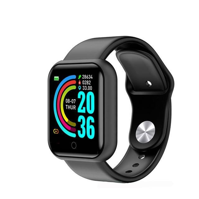 Black smartwatch with a colorful display on a white background