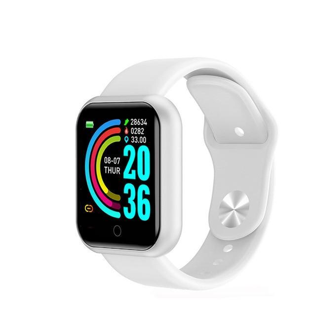 White smartwatch with a colorful display on a white background