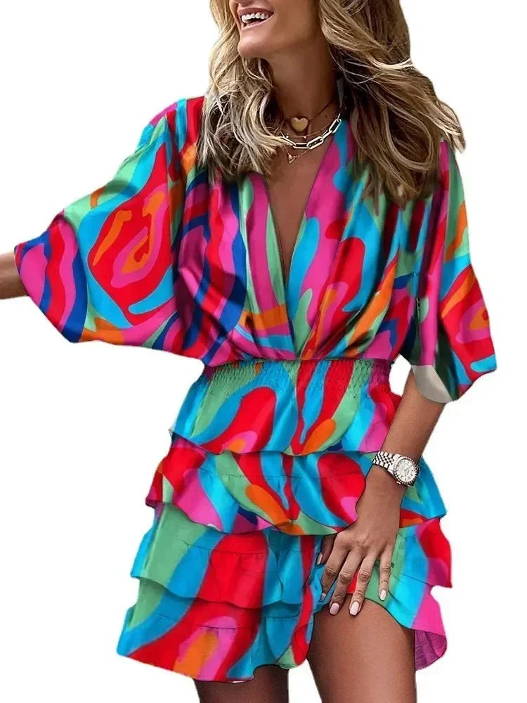 Batwing Sleeve Tiered Ruffle Mini Dress