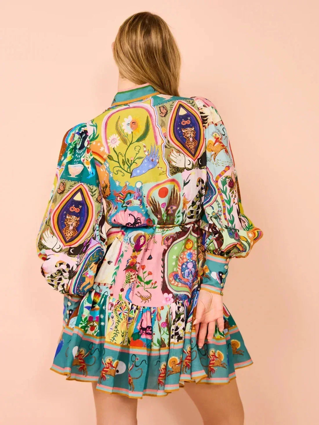 Printed Puff Sleeve Pleated Ruffle Dress
