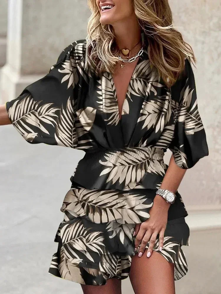 Batwing Sleeve Tiered Ruffle Mini Dress