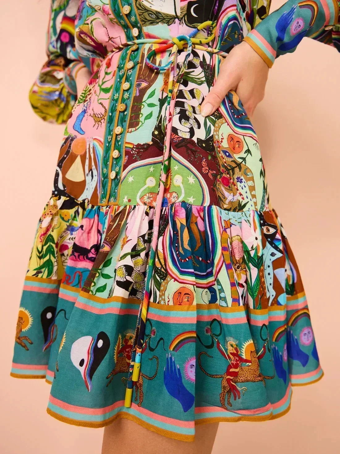 Printed Puff Sleeve Pleated Ruffle Dress