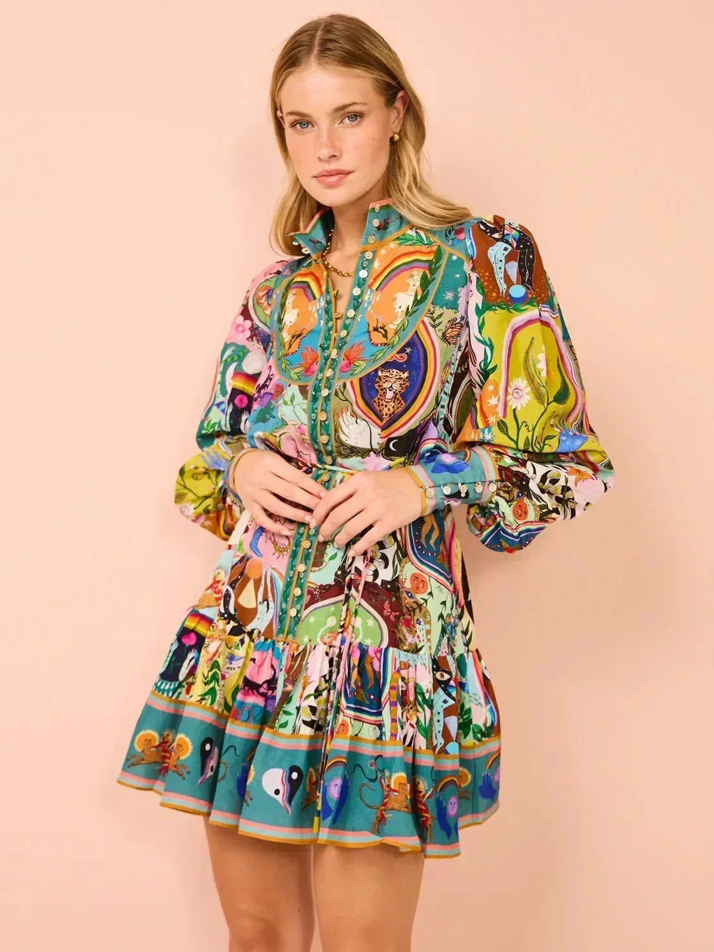 Printed Puff Sleeve Pleated Ruffle Dress