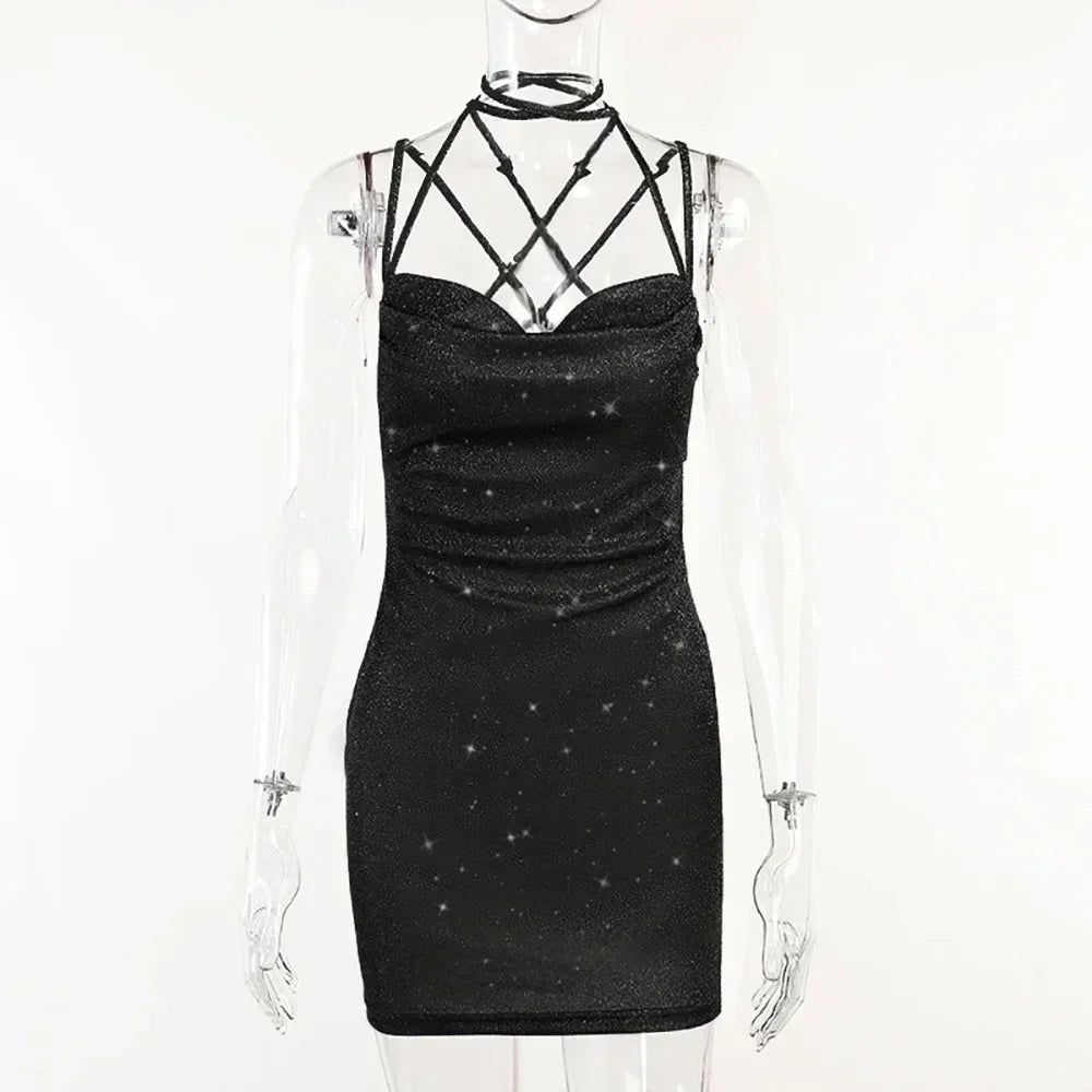 Sexy 90s Cowl-Neck Rave Dress - Glitter Y2K Clubwear