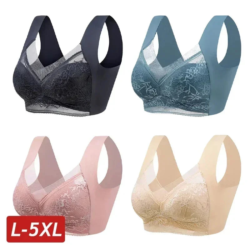 Four bras in different colors on a white background with a size L-5XL label.