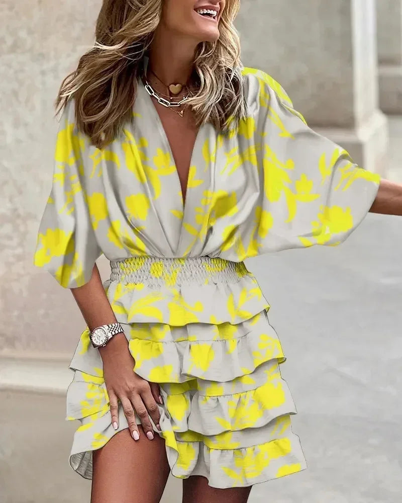 Batwing Sleeve Tiered Ruffle Mini Dress