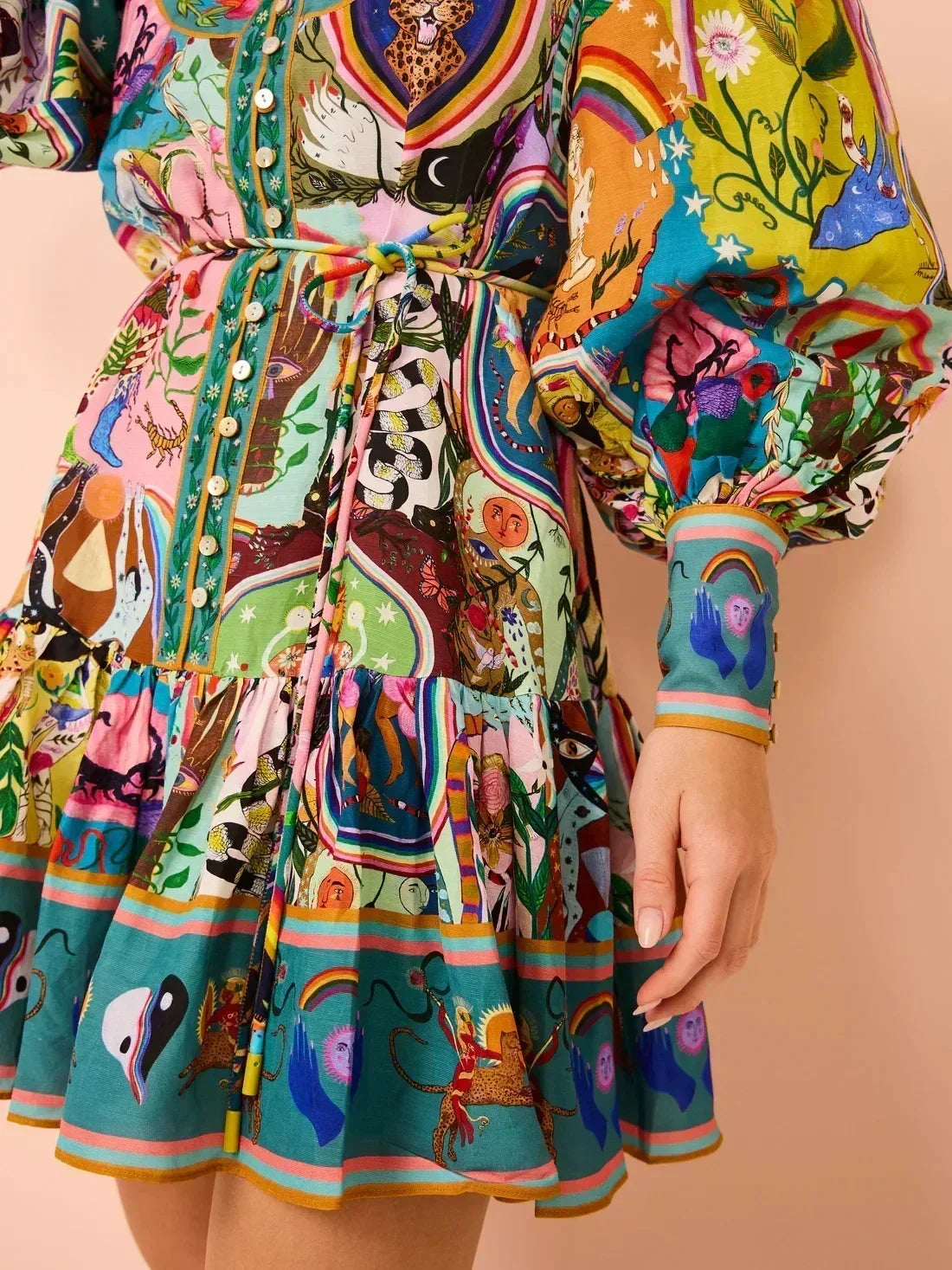 Printed Puff Sleeve Pleated Ruffle Dress