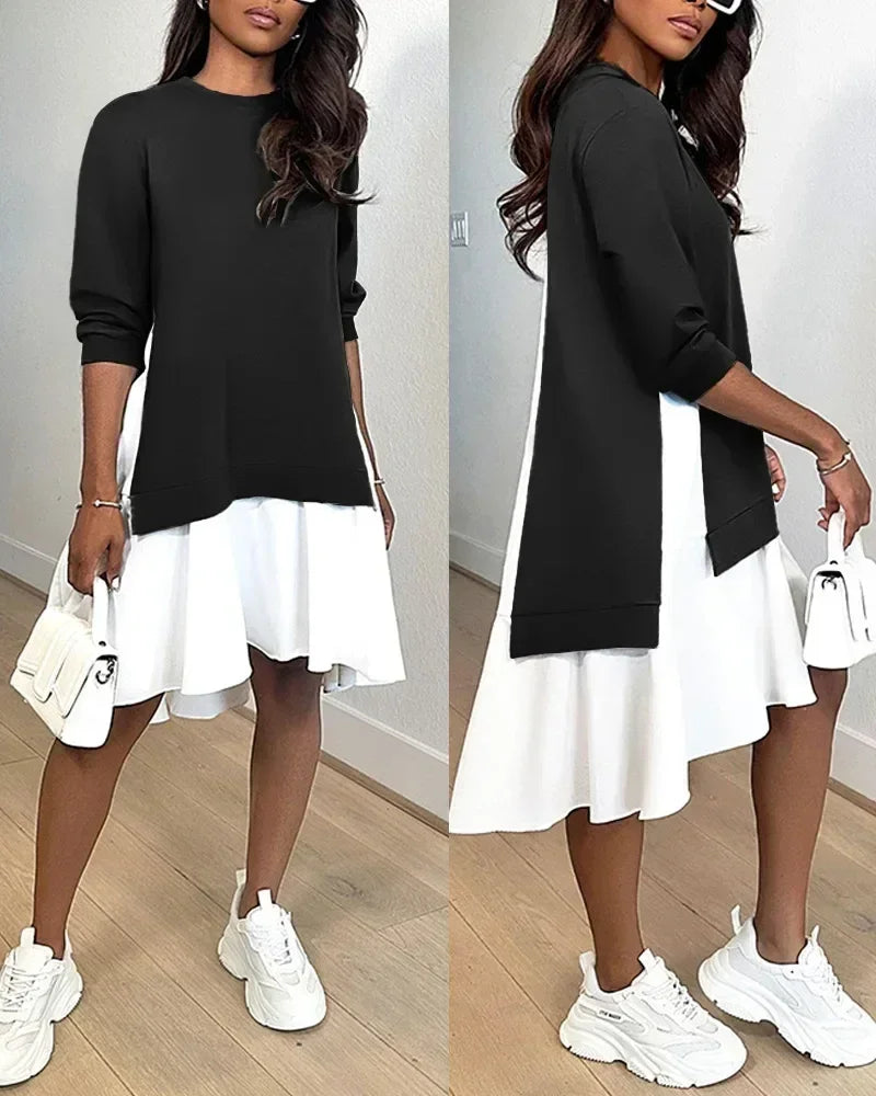 Ruched Long Sleeve A-Line Midi Dress