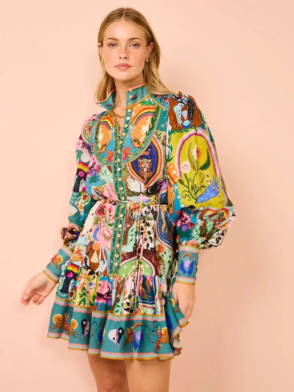 Printed Puff Sleeve Pleated Ruffle Dress