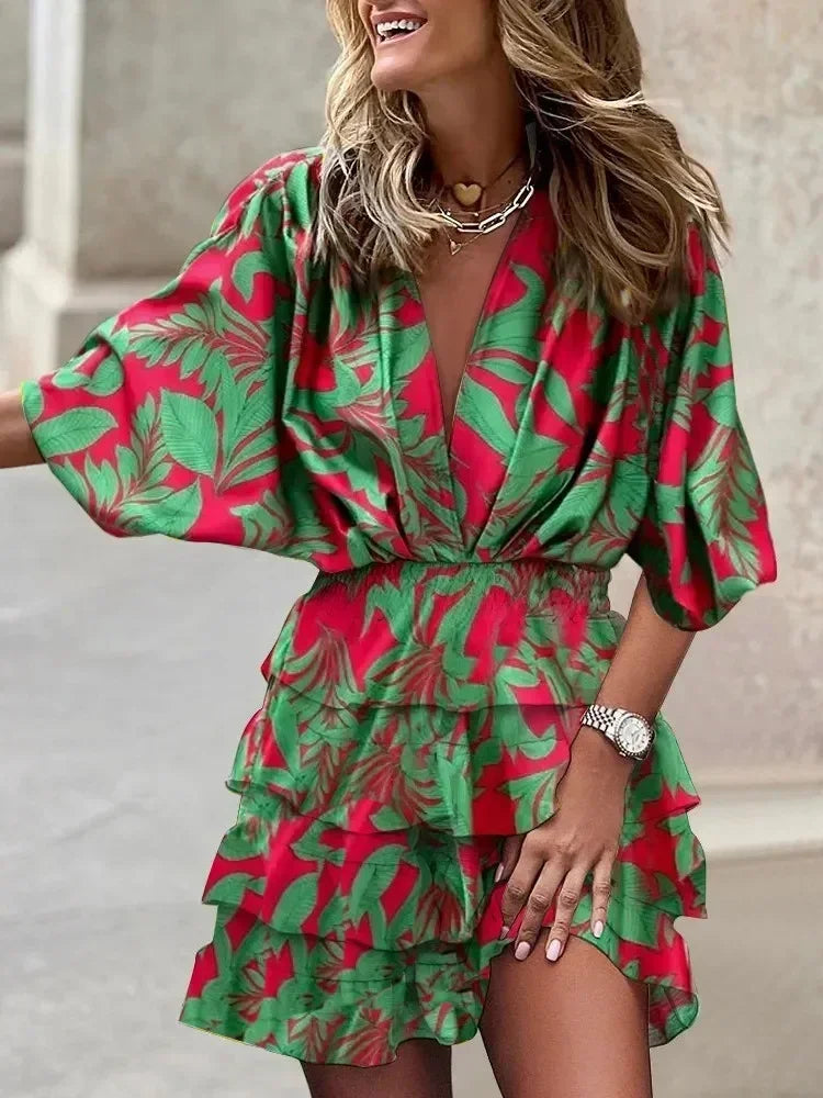 Batwing Sleeve Tiered Ruffle Mini Dress