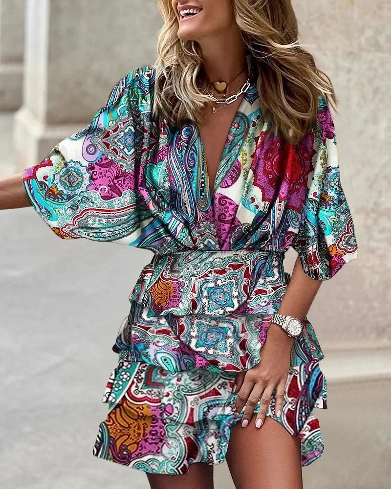 Batwing Sleeve Tiered Ruffle Mini Dress